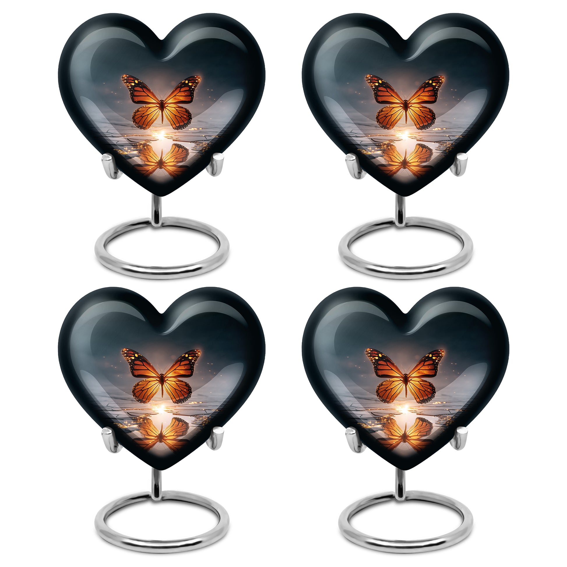 Serene Blue Butterfly Cremation Urn angled view of lid and engraved motif - romantic heart urn with butterfly motif on aluminum - 10 inch aluminum urn for cremated remains