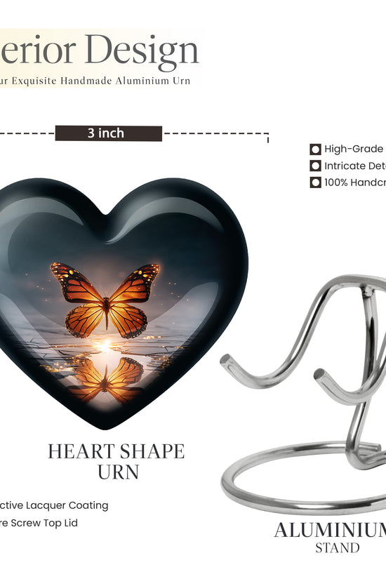 Celestial Blue Butterfly Cremation Urn front view showing detailed design - heart-shaped butterfly design symbolizing eternal love - mini keepsake memorial for portion of cremation ashes