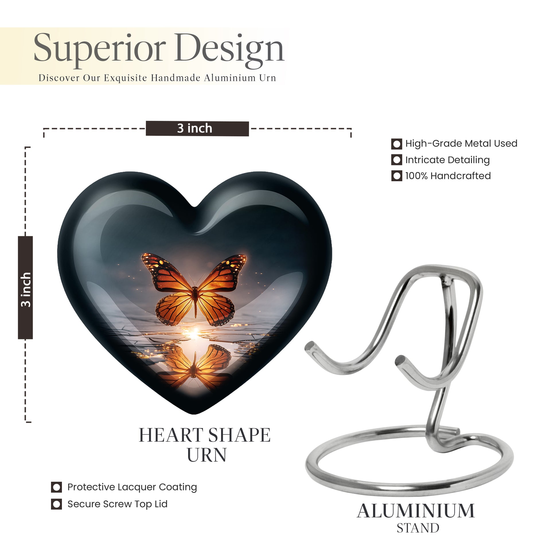 Celestial Blue Butterfly Cremation Urn front view showing detailed design - heart-shaped butterfly design symbolizing eternal love - mini keepsake memorial for portion of cremation ashes