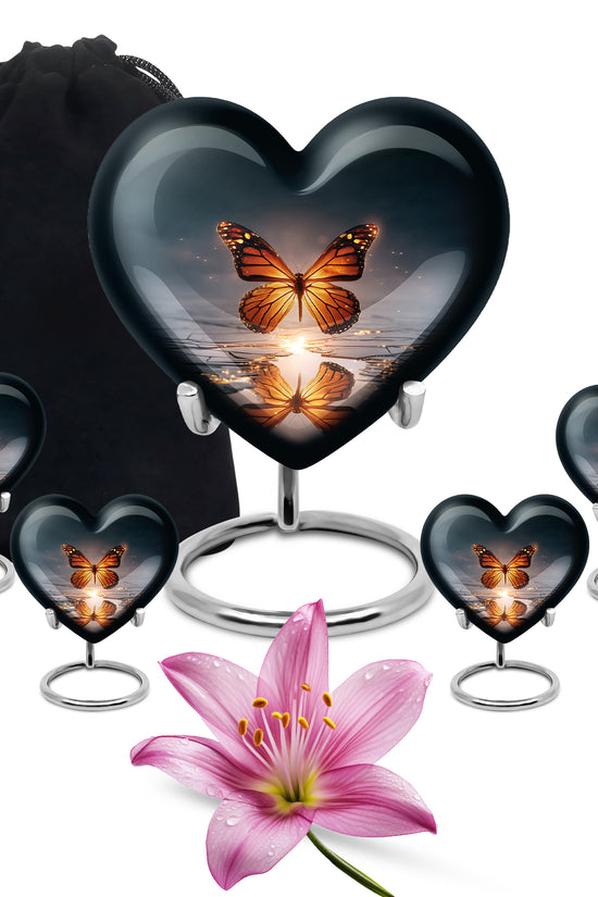 Sky Blue Butterfly Cremation Urn close-up of engraving and surface detail - heart-shaped butterfly design symbolizing eternal love - memorial set with one large and four small urns