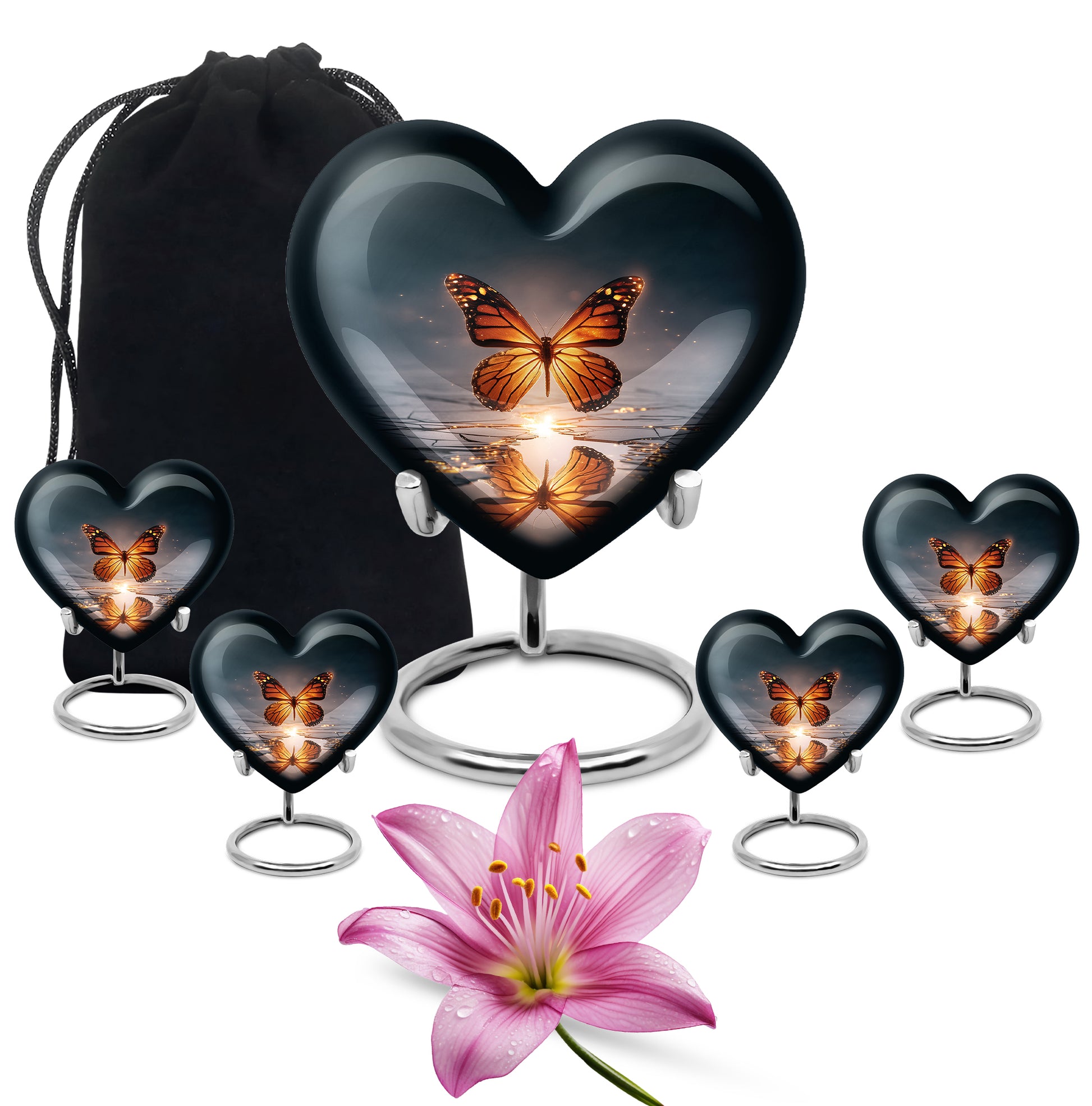 Sky Blue Butterfly Cremation Urn close-up of engraving and surface detail - heart-shaped butterfly design symbolizing eternal love - memorial set with one large and four small urns