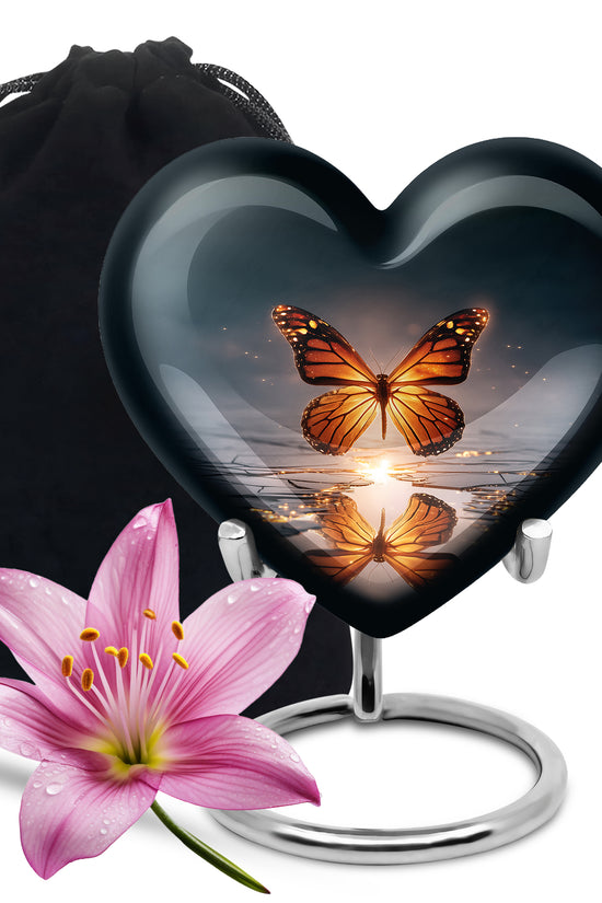 Steel Blue Butterfly Cremation Urn detail view - compassionate heart-butterfly combination with gentle curves - full-size 10 inch 200 cubic inch adult cremation urn