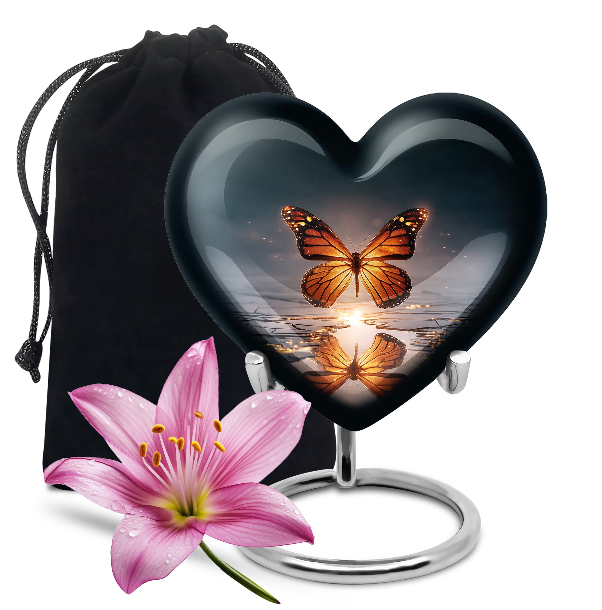 Steel Blue Butterfly Cremation Urn detail view - compassionate heart-butterfly combination with gentle curves - full-size 10 inch 200 cubic inch adult cremation urn