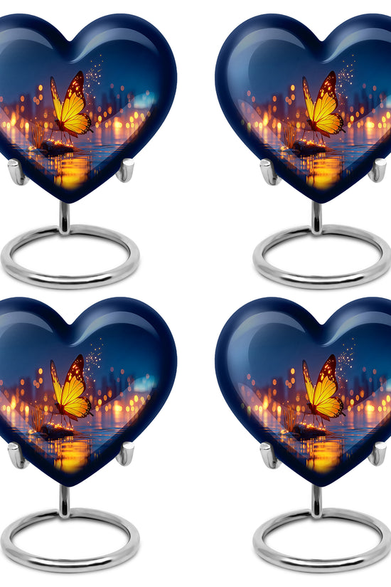 Celestial Blue Butterfly Cremation Urn angled view of lid and engraved motif - loving heart memorial featuring butterfly pattern - 10 inch aluminum urn for cremated remains