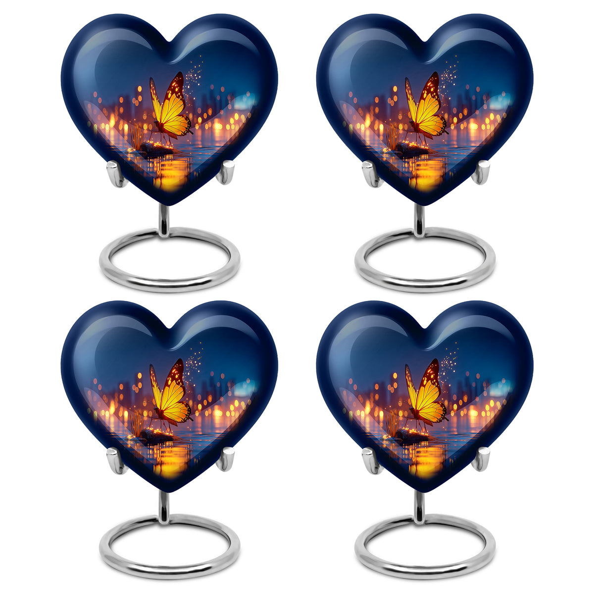 Celestial Blue Butterfly Cremation Urn angled view of lid and engraved motif - loving heart memorial featuring butterfly pattern - 10 inch aluminum urn for cremated remains