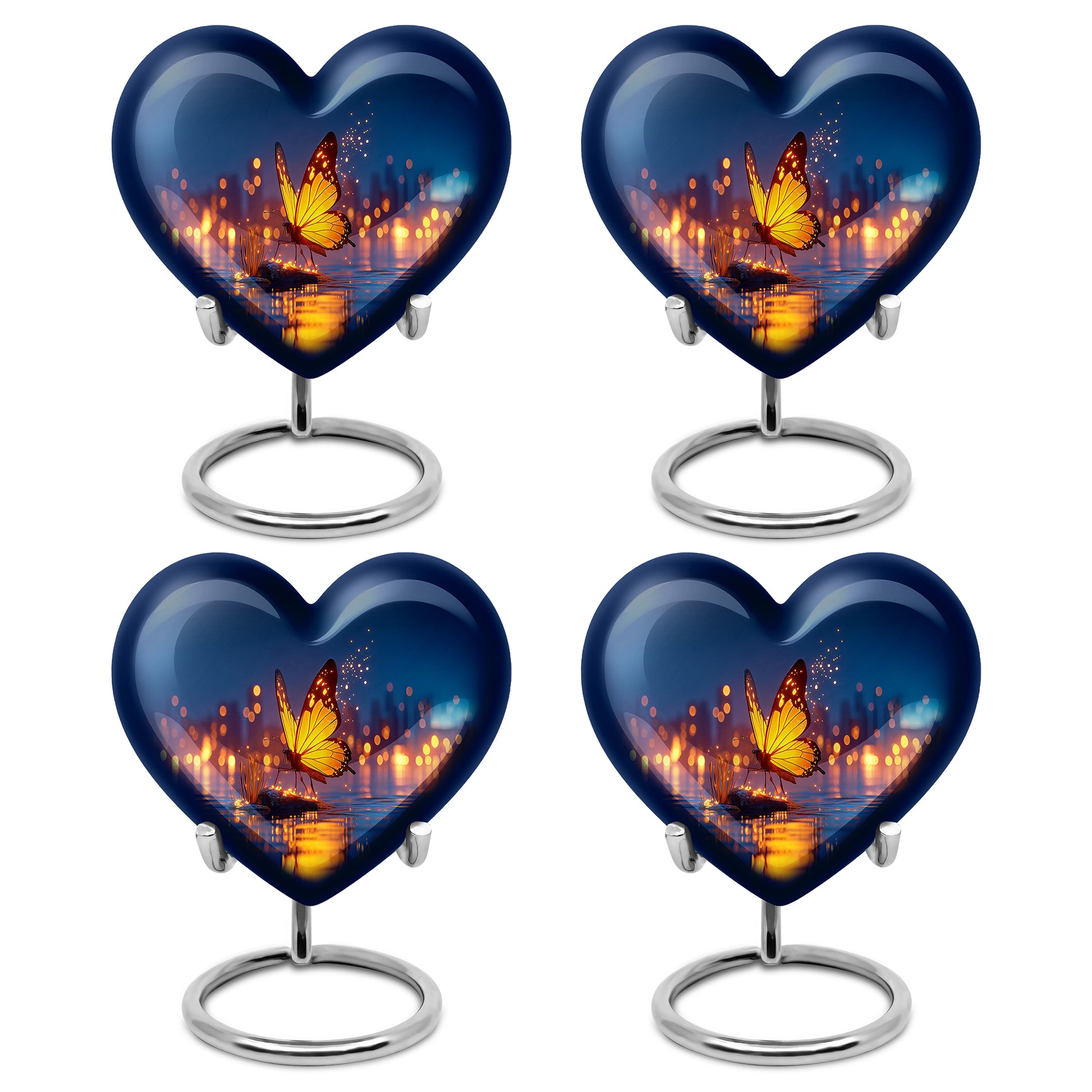 Celestial Blue Butterfly Cremation Urn angled view of lid and engraved motif - loving heart memorial featuring butterfly pattern - 10 inch aluminum urn for cremated remains