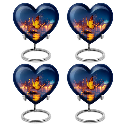 Celestial Blue Butterfly Cremation Urn angled view of lid and engraved motif - loving heart memorial featuring butterfly pattern - 10 inch aluminum urn for cremated remains