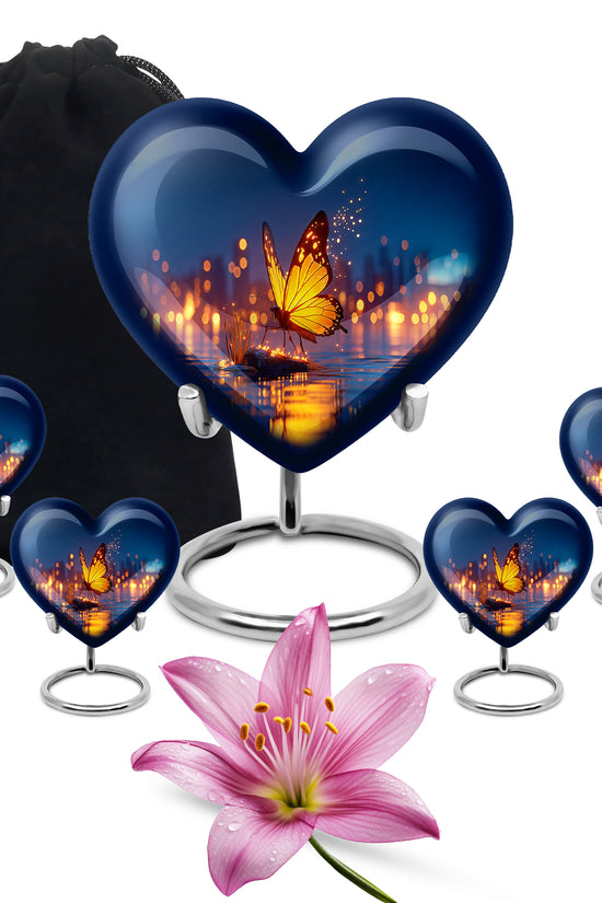 Celestial Blue Butterfly Cremation Urn close-up of engraving and surface detail - heart-shaped butterfly design symbolizing eternal love - memorial set with one large and four small urns