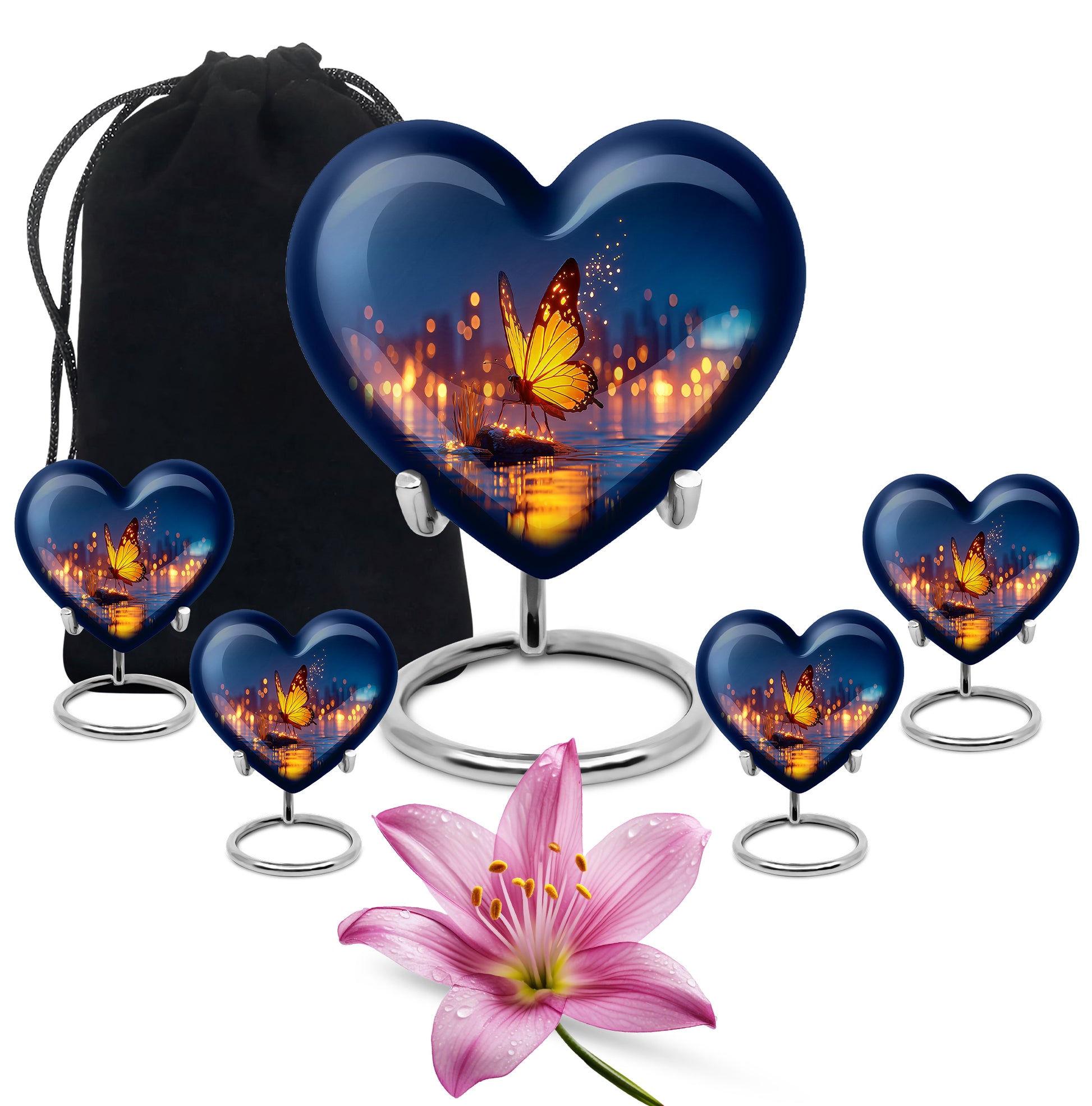 Celestial Blue Butterfly Cremation Urn close-up of engraving and surface detail - heart-shaped butterfly design symbolizing eternal love - memorial set with one large and four small urns
