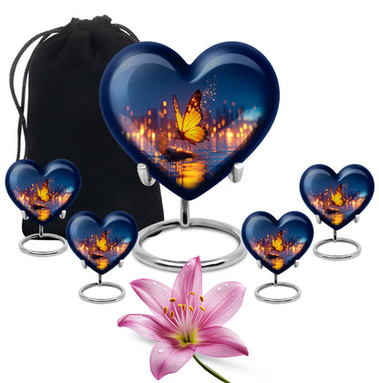 Celestial Blue Butterfly Cremation Urn close-up of engraving and surface detail - heart-shaped butterfly design symbolizing eternal love - memorial set with one large and four small urns