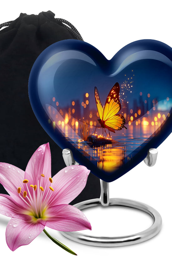 Cobalt Blue Butterfly Cremation Urn detail view - romantic heart urn with butterfly motif on aluminum - full-size 10 inch 200 cubic inch adult cremation urn
