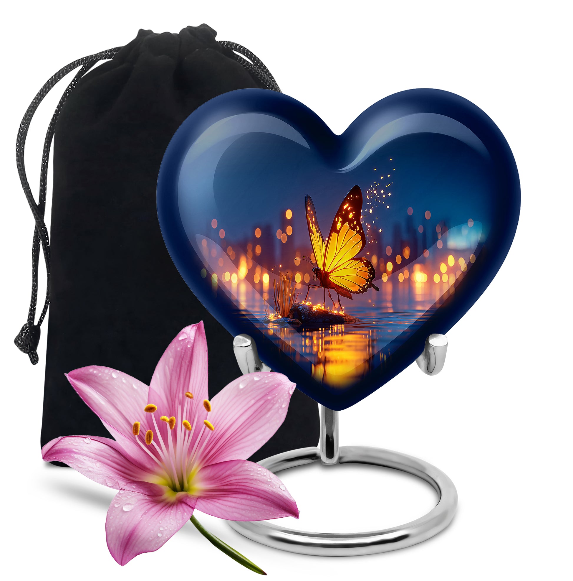 Cobalt Blue Butterfly Cremation Urn detail view - romantic heart urn with butterfly motif on aluminum - full-size 10 inch 200 cubic inch adult cremation urn