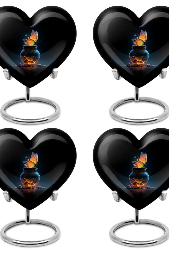 Deep Black Butterfly Cremation Urn angled view of lid and engraved motif - loving heart memorial featuring butterfly pattern - 10 inch aluminum urn for cremated remains