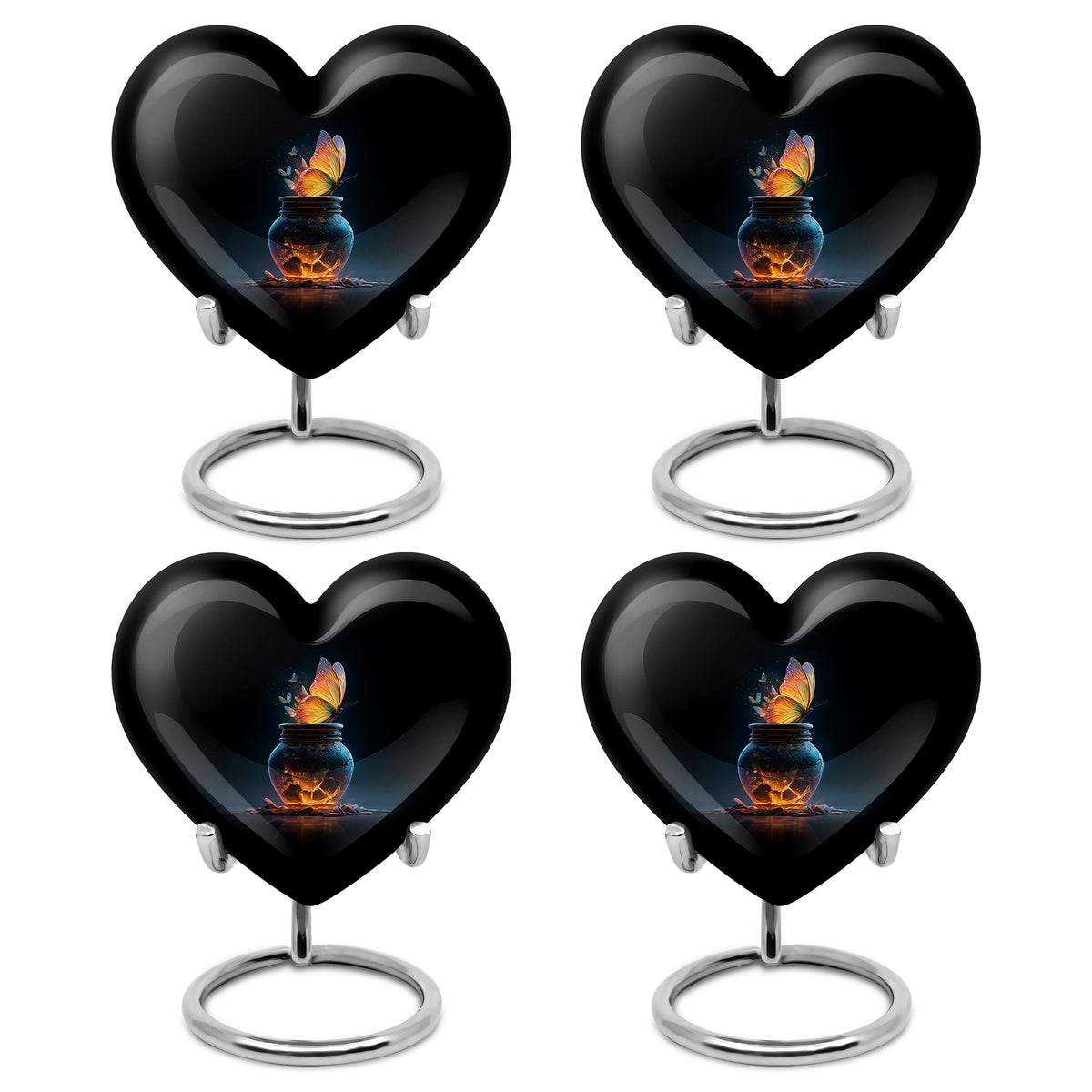 Deep Black Butterfly Cremation Urn angled view of lid and engraved motif - loving heart memorial featuring butterfly pattern - 10 inch aluminum urn for cremated remains
