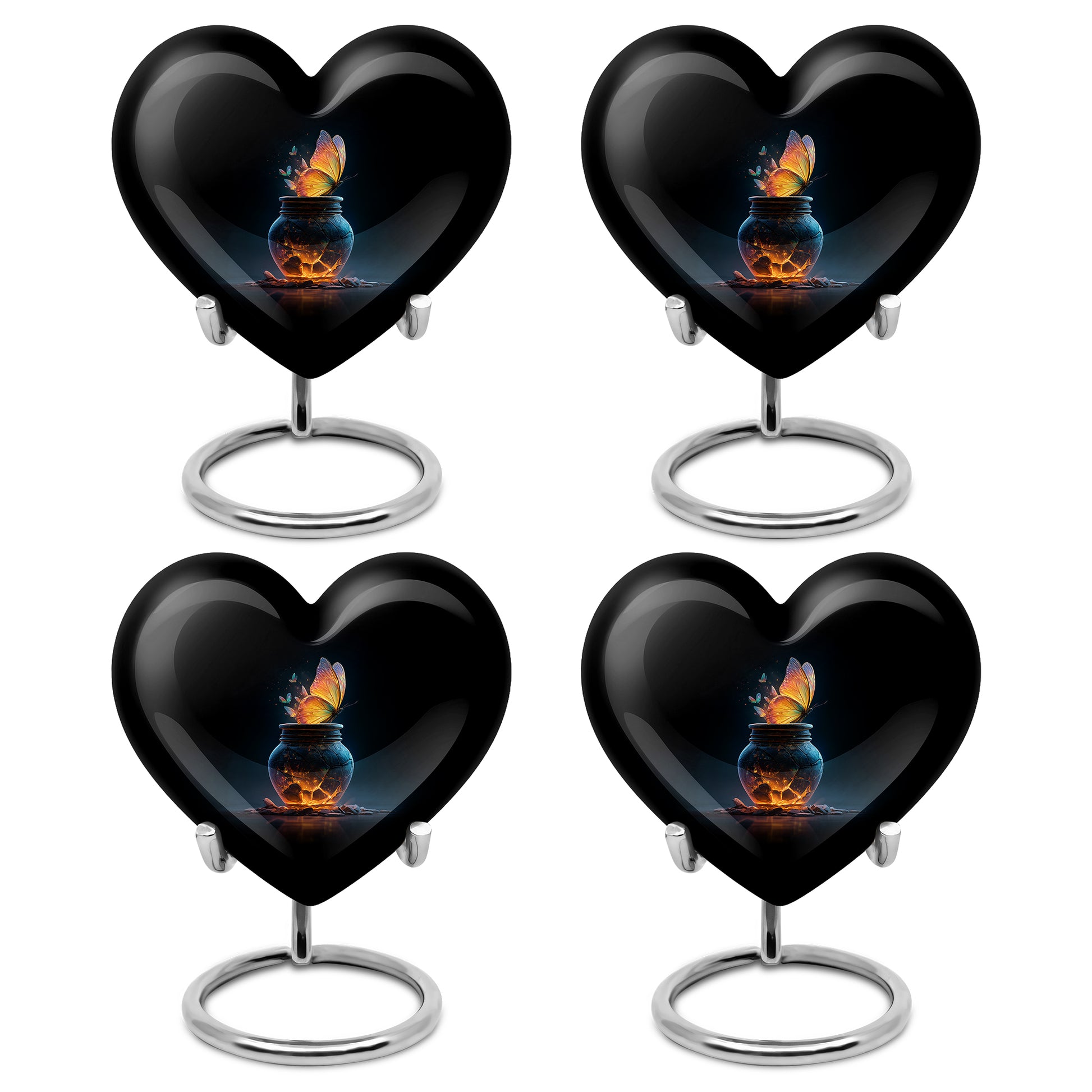 Deep Black Butterfly Cremation Urn angled view of lid and engraved motif - loving heart memorial featuring butterfly pattern - 10 inch aluminum urn for cremated remains