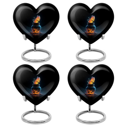 Deep Black Butterfly Cremation Urn angled view of lid and engraved motif - loving heart memorial featuring butterfly pattern - 10 inch aluminum urn for cremated remains