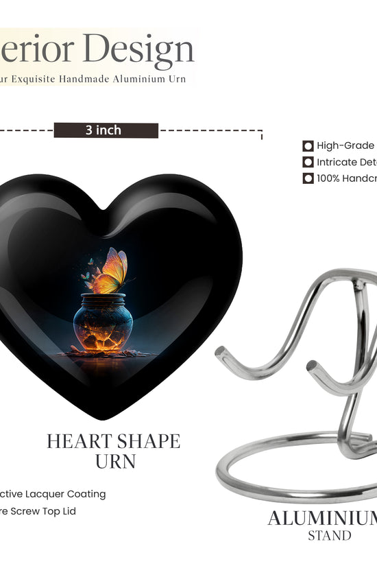 Jet Black Butterfly Cremation Urn front view showing detailed design - loving heart memorial featuring butterfly pattern - mini keepsake memorial for portion of cremation ashes
