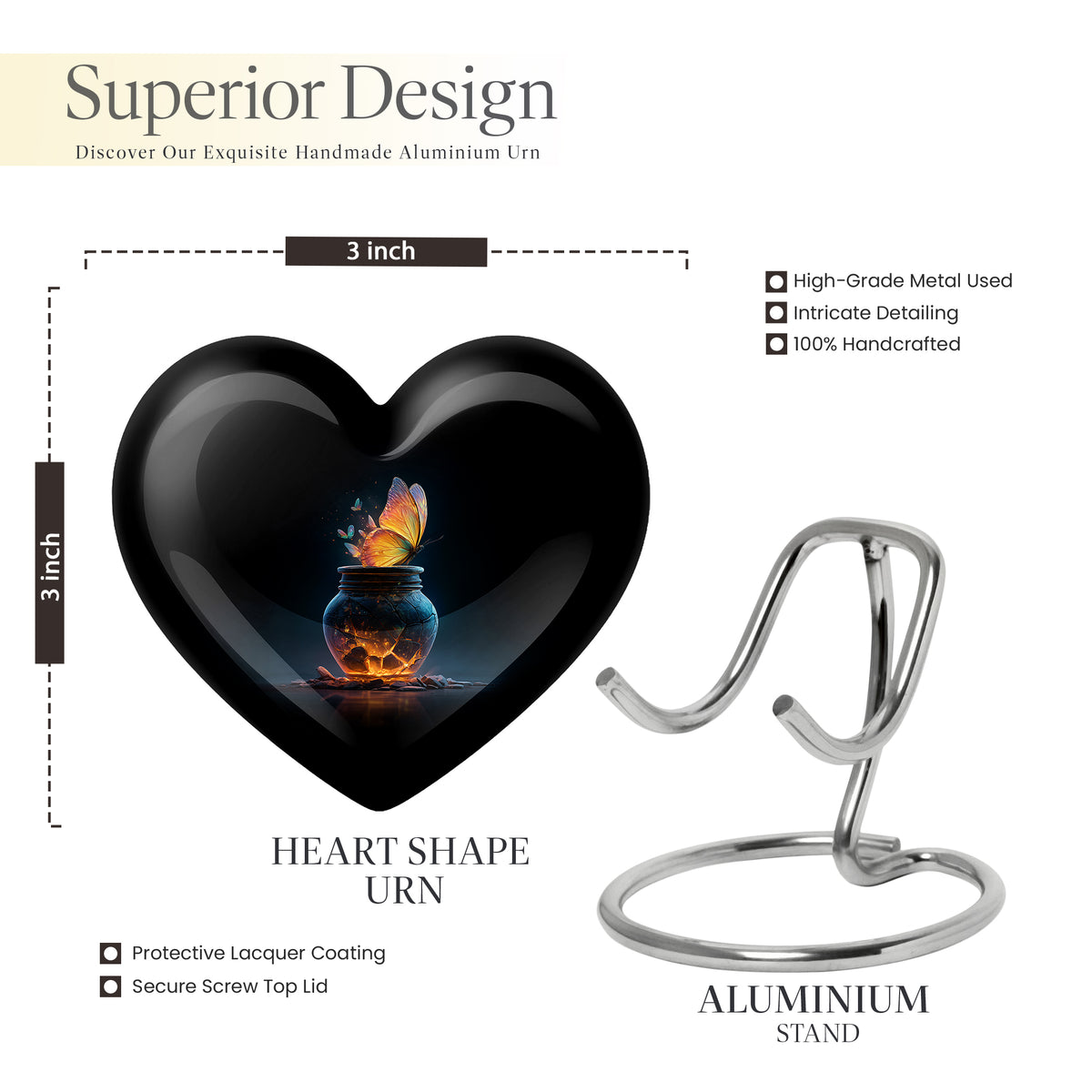 Jet Black Butterfly Cremation Urn front view showing detailed design - loving heart memorial featuring butterfly pattern - mini keepsake memorial for portion of cremation ashes