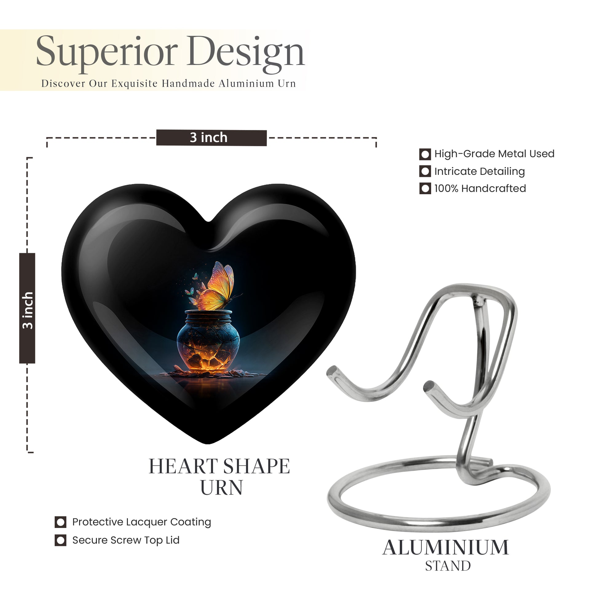 Jet Black Butterfly Cremation Urn front view showing detailed design - loving heart memorial featuring butterfly pattern - mini keepsake memorial for portion of cremation ashes