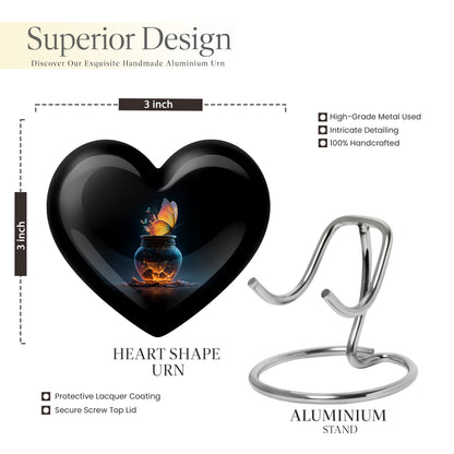Jet Black Butterfly Cremation Urn front view showing detailed design - loving heart memorial featuring butterfly pattern - mini keepsake memorial for portion of cremation ashes