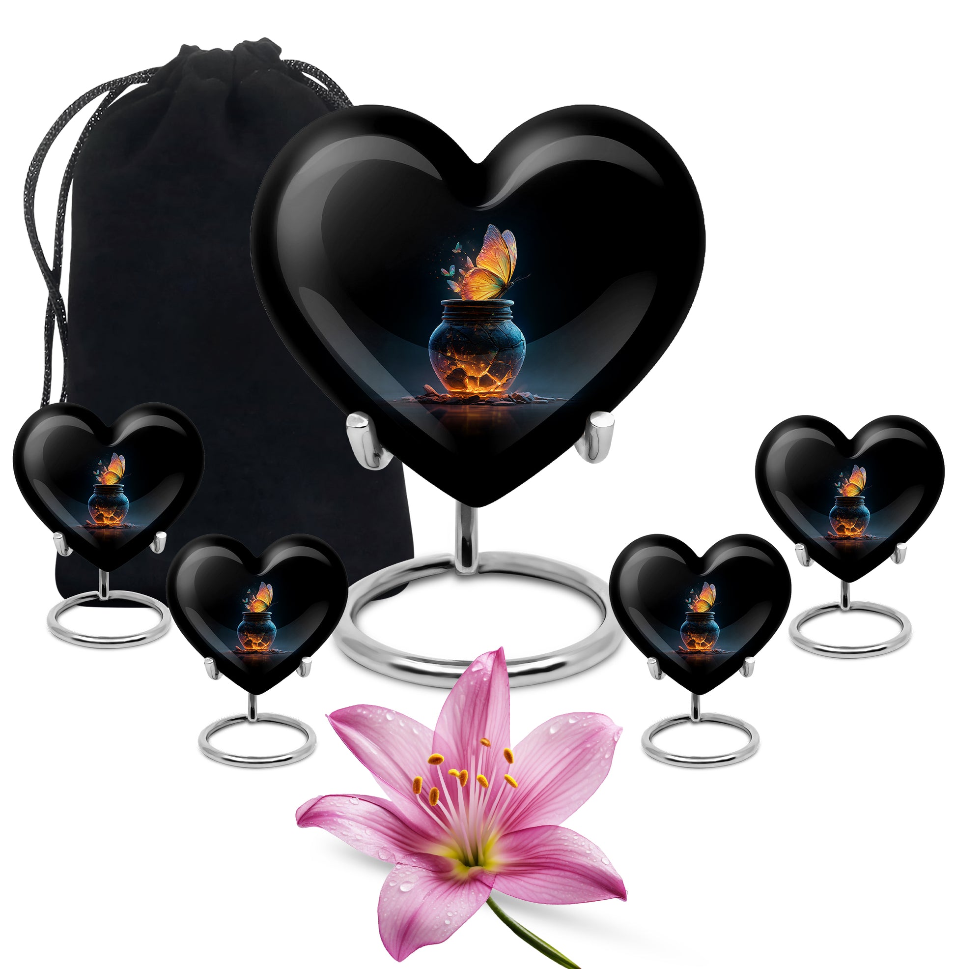 Charcoal Black Butterfly Cremation Urn close-up of engraving and surface detail - compassionate heart-butterfly combination with gentle curves - memorial set with one large and four small urns