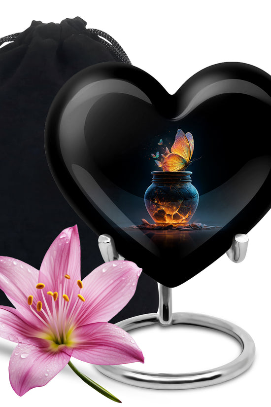 Dark Black Butterfly Cremation Urn detail view - romantic heart urn with butterfly motif on aluminum - full-size 10 inch 200 cubic inch adult cremation urn