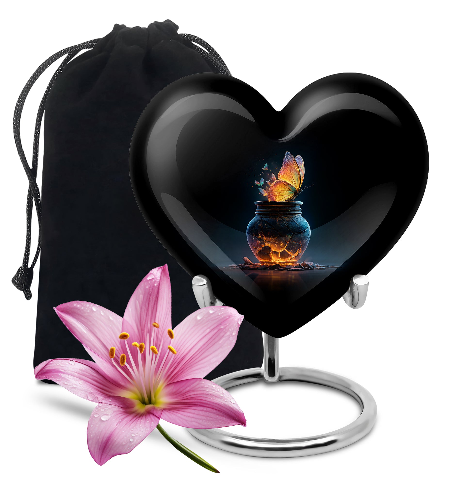 Dark Black Butterfly Cremation Urn detail view - romantic heart urn with butterfly motif on aluminum - full-size 10 inch 200 cubic inch adult cremation urn