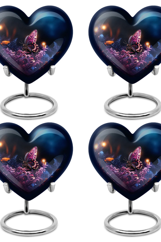 Deep Black Butterfly Cremation Urn angled view of lid and engraved motif - loving heart memorial featuring butterfly pattern - 10 inch aluminum urn for cremated remains