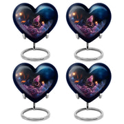Deep Black Butterfly Cremation Urn angled view of lid and engraved motif - loving heart memorial featuring butterfly pattern - 10 inch aluminum urn for cremated remains