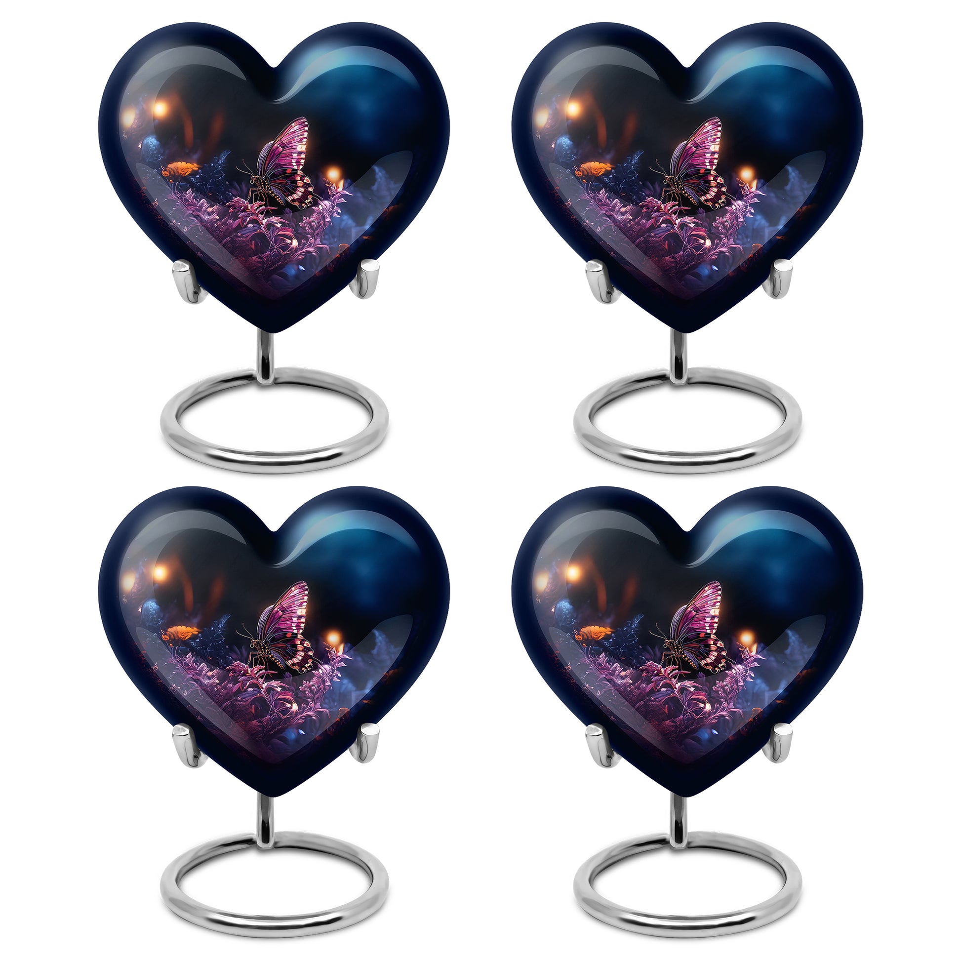 Deep Black Butterfly Cremation Urn angled view of lid and engraved motif - loving heart memorial featuring butterfly pattern - 10 inch aluminum urn for cremated remains
