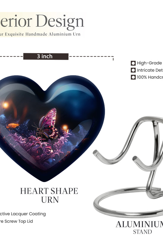 Dark Black Butterfly Cremation Urn front view showing detailed design - romantic heart urn with butterfly motif on aluminum - mini keepsake memorial for portion of cremation ashes