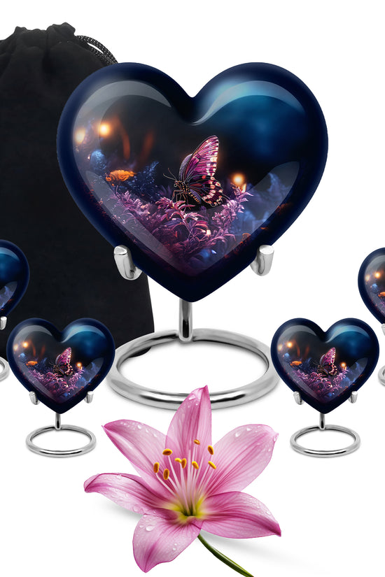 Jet Black Butterfly Cremation Urn close-up of engraving and surface detail - heart-shaped butterfly design symbolizing eternal love - memorial set with one large and four small urns