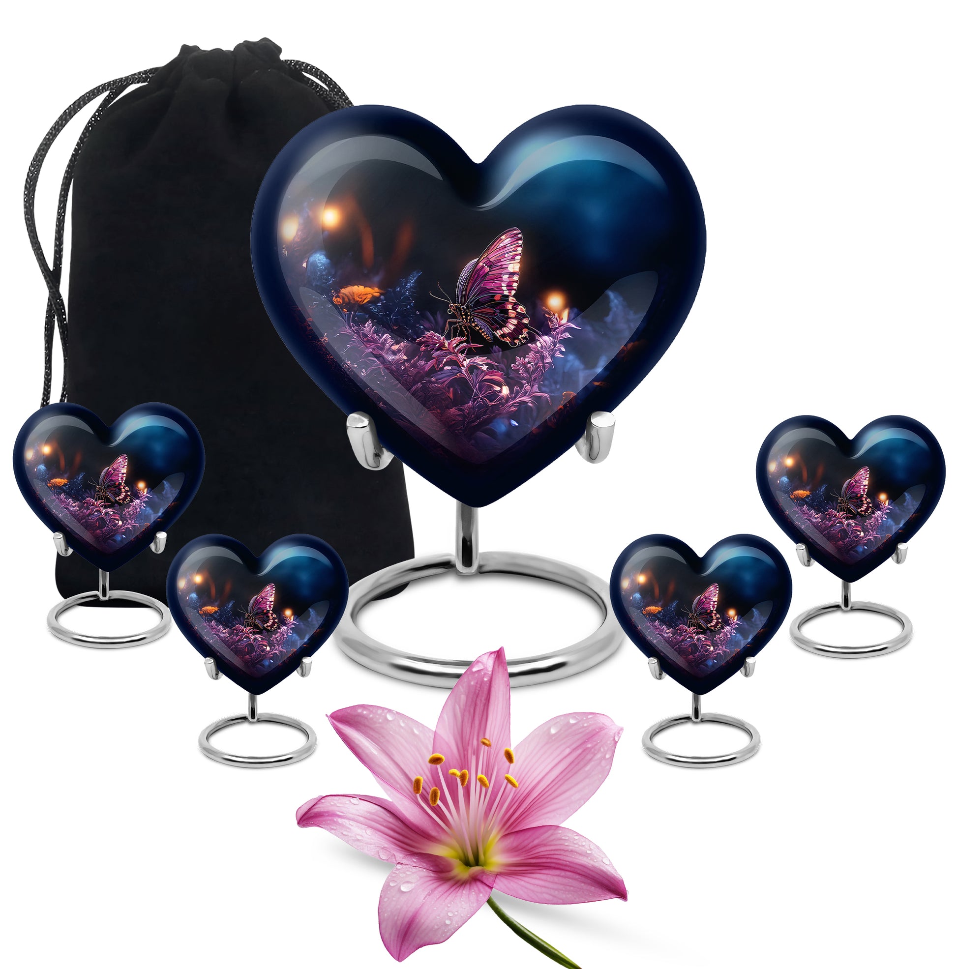 Jet Black Butterfly Cremation Urn close-up of engraving and surface detail - heart-shaped butterfly design symbolizing eternal love - memorial set with one large and four small urns