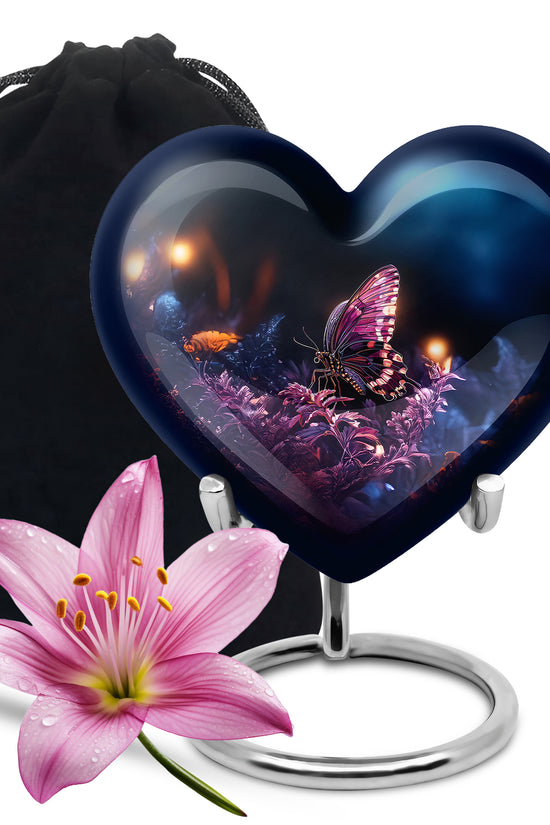 Deep Black Butterfly Cremation Urn detail view - loving heart memorial featuring butterfly pattern - full-size 10 inch 200 cubic inch adult cremation urn