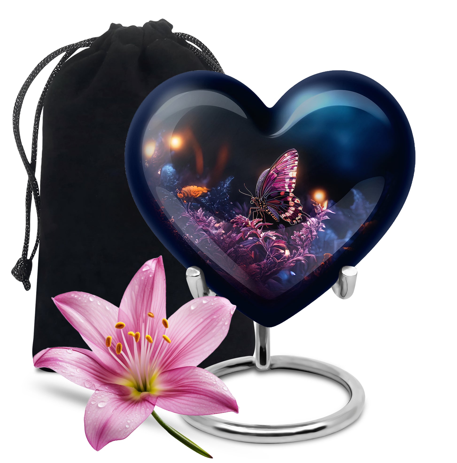 Deep Black Butterfly Cremation Urn detail view - loving heart memorial featuring butterfly pattern - full-size 10 inch 200 cubic inch adult cremation urn