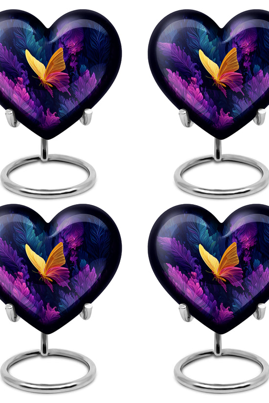 Vivid Blue Butterfly Cremation Urn angled view of lid and engraved motif - compassionate heart-butterfly combination with gentle curves - 10 inch aluminum urn for cremated remains