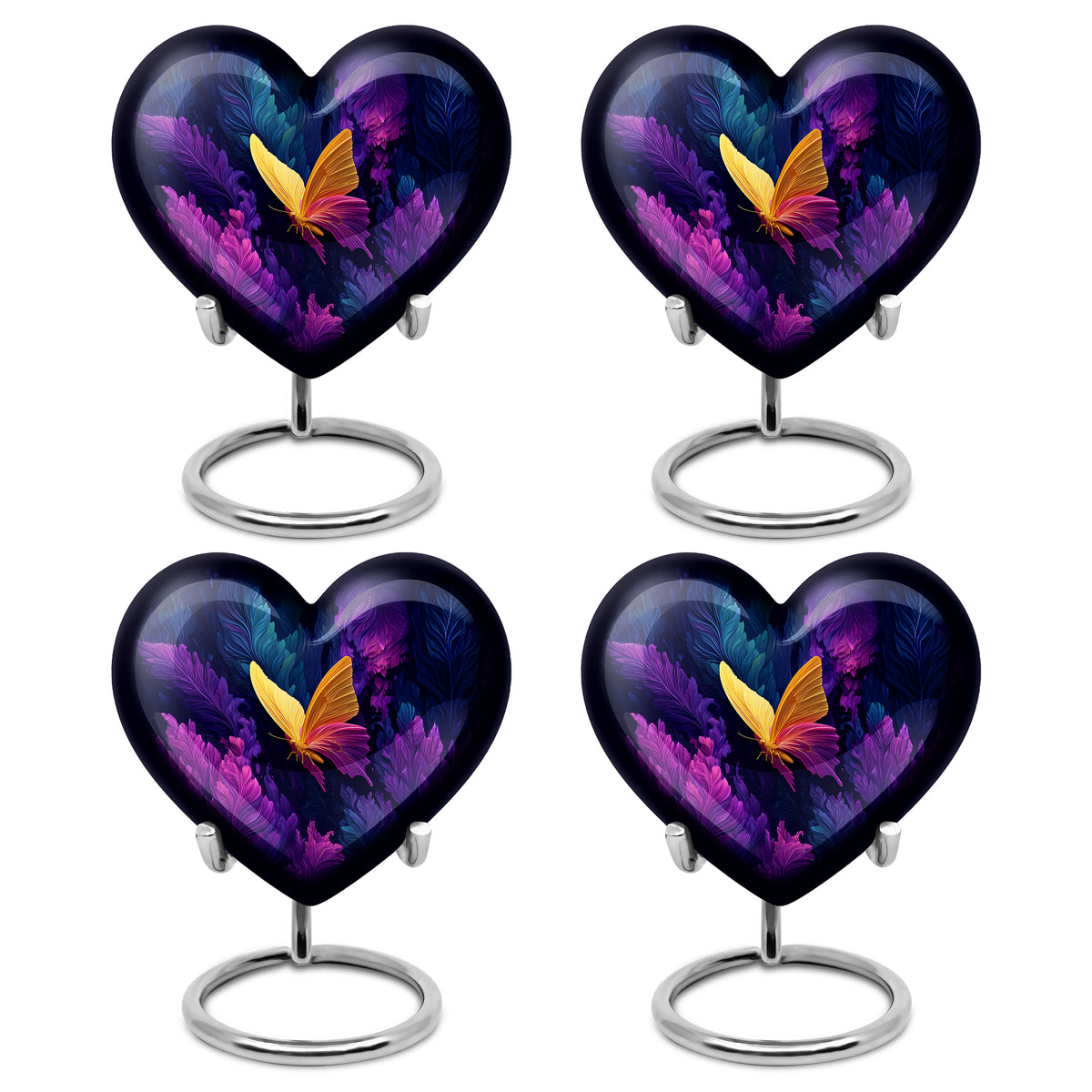 Vivid Blue Butterfly Cremation Urn angled view of lid and engraved motif - compassionate heart-butterfly combination with gentle curves - 10 inch aluminum urn for cremated remains