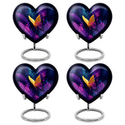 Vivid Blue Butterfly Cremation Urn angled view of lid and engraved motif - compassionate heart-butterfly combination with gentle curves - 10 inch aluminum urn for cremated remains