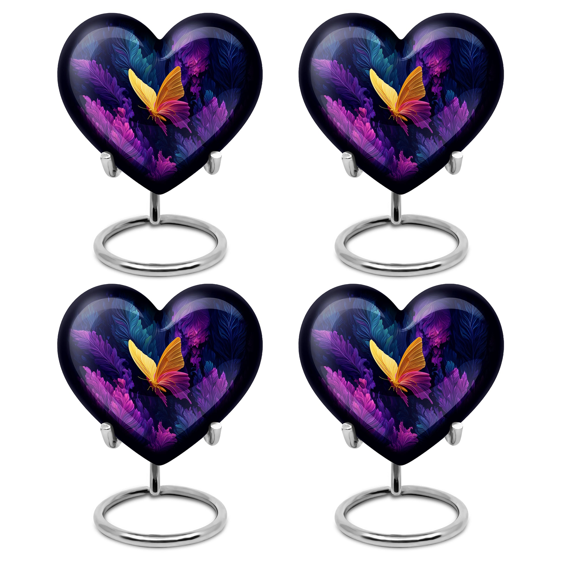 Vivid Blue Butterfly Cremation Urn angled view of lid and engraved motif - compassionate heart-butterfly combination with gentle curves - 10 inch aluminum urn for cremated remains