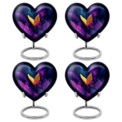 Vivid Blue Butterfly Cremation Urn angled view of lid and engraved motif - compassionate heart-butterfly combination with gentle curves - 10 inch aluminum urn for cremated remains