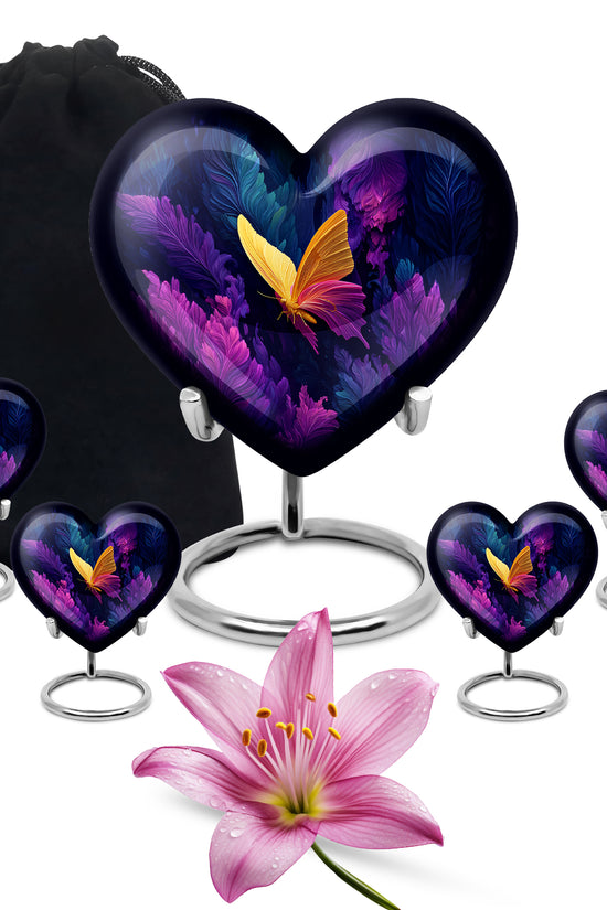 Serene Blue Butterfly Cremation Urn close-up of engraving and surface detail - compassionate heart-butterfly combination with gentle curves - memorial set with one large and four small urns