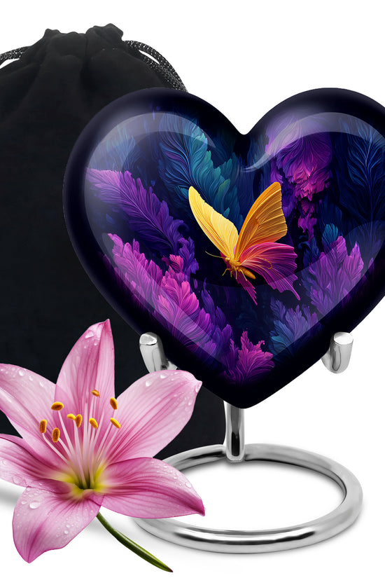 Navy Blue Butterfly Cremation Urn detail view - heart-shaped butterfly design symbolizing eternal love - full-size 10 inch 200 cubic inch adult cremation urn