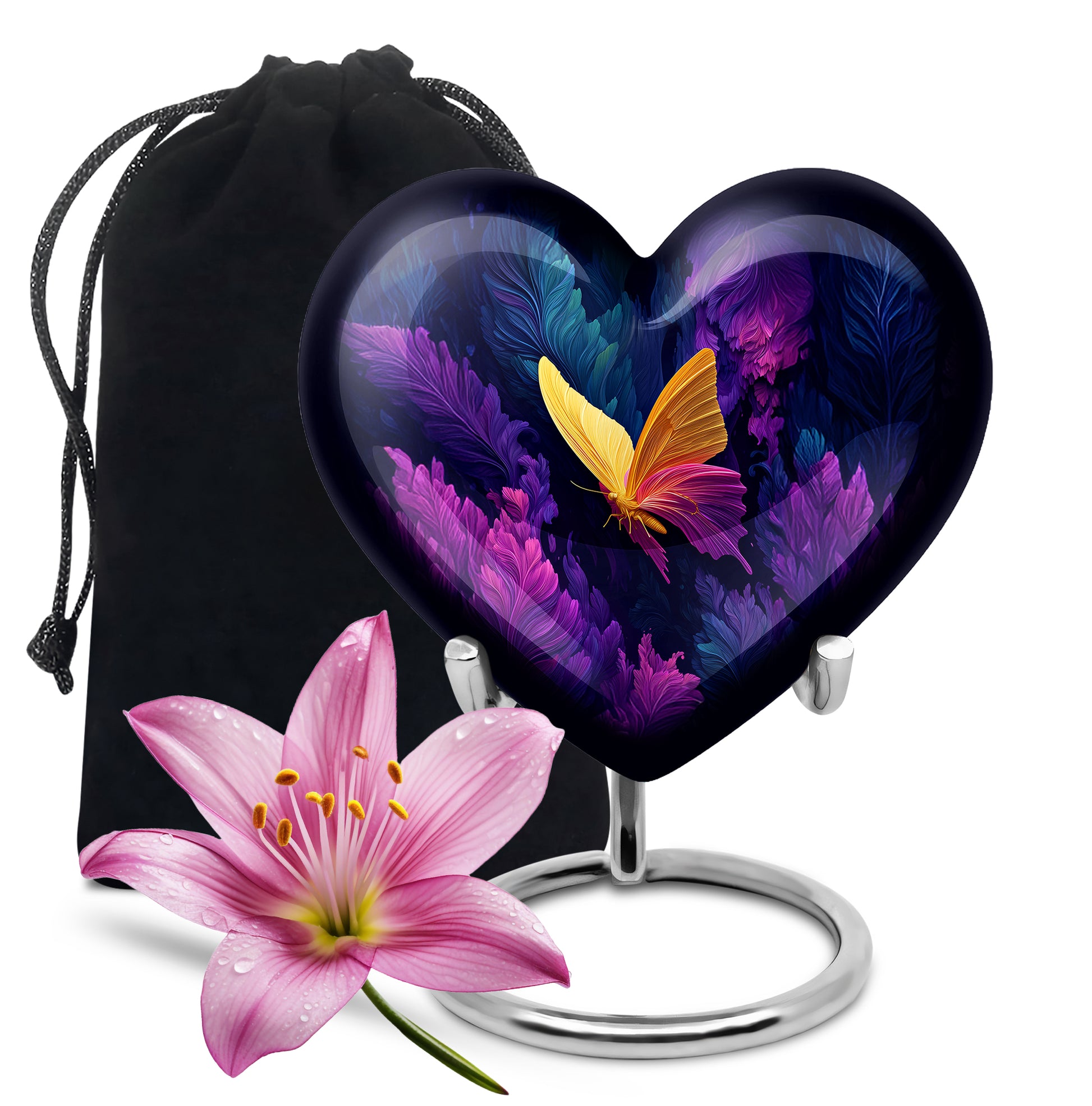 Navy Blue Butterfly Cremation Urn detail view - heart-shaped butterfly design symbolizing eternal love - full-size 10 inch 200 cubic inch adult cremation urn