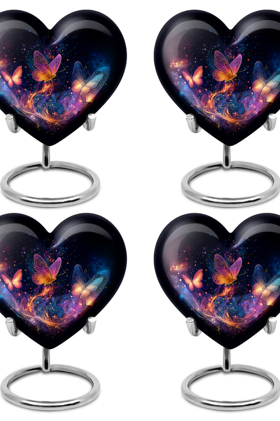 Dark Black Butterfly Cremation Urn angled view of lid and engraved motif - compassionate heart-butterfly combination with gentle curves - 10 inch aluminum urn for cremated remains