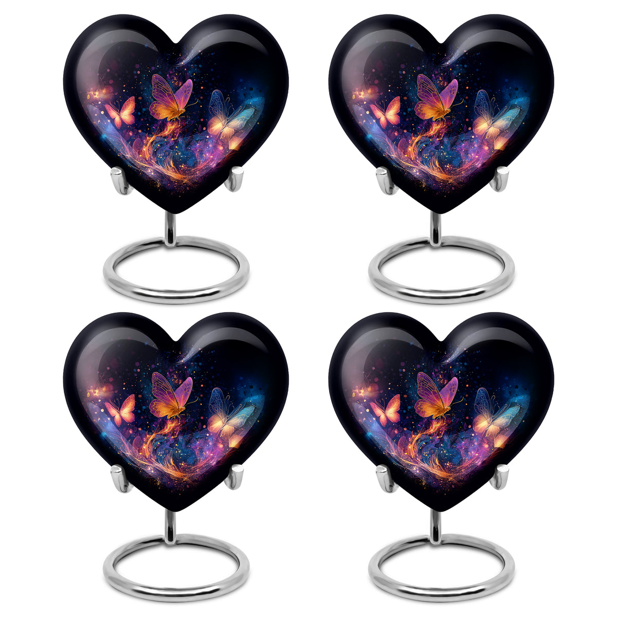 Dark Black Butterfly Cremation Urn angled view of lid and engraved motif - compassionate heart-butterfly combination with gentle curves - 10 inch aluminum urn for cremated remains