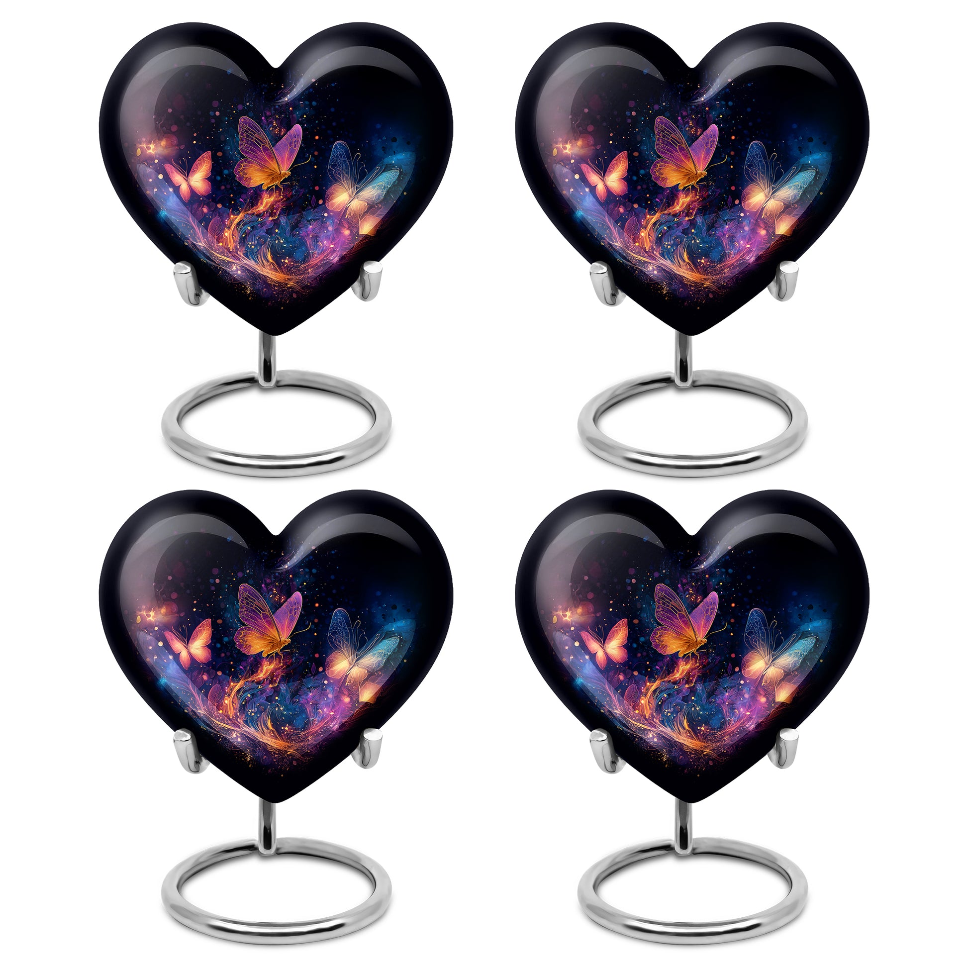 Dark Black Butterfly Cremation Urn angled view of lid and engraved motif - compassionate heart-butterfly combination with gentle curves - 10 inch aluminum urn for cremated remains