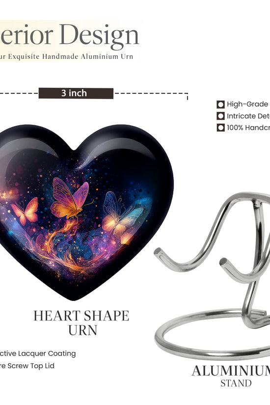 Onyx Black Butterfly Cremation Urn front view showing detailed design - romantic heart urn with butterfly motif on aluminum - mini keepsake memorial for portion of cremation ashes