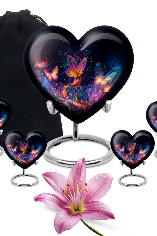 Charcoal Black Butterfly Cremation Urn close-up of engraving and surface detail - compassionate heart-butterfly combination with gentle curves - memorial set with one large and four small urns