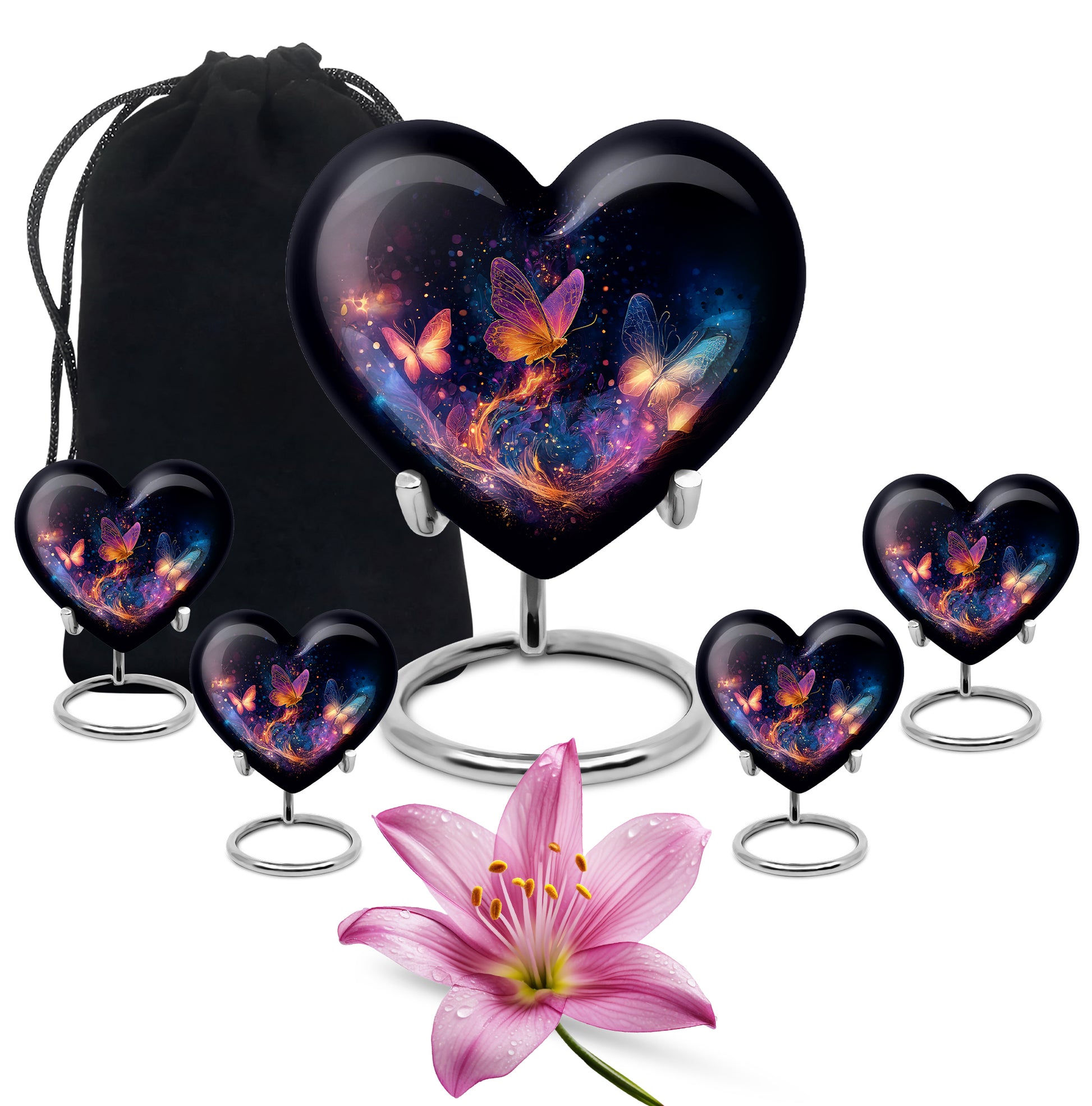 Charcoal Black Butterfly Cremation Urn close-up of engraving and surface detail - compassionate heart-butterfly combination with gentle curves - memorial set with one large and four small urns