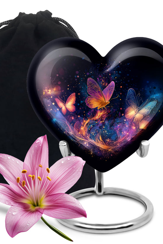 Jet Black Butterfly Cremation Urn detail view - heart-shaped butterfly design symbolizing eternal love - full-size 10 inch 200 cubic inch adult cremation urn
